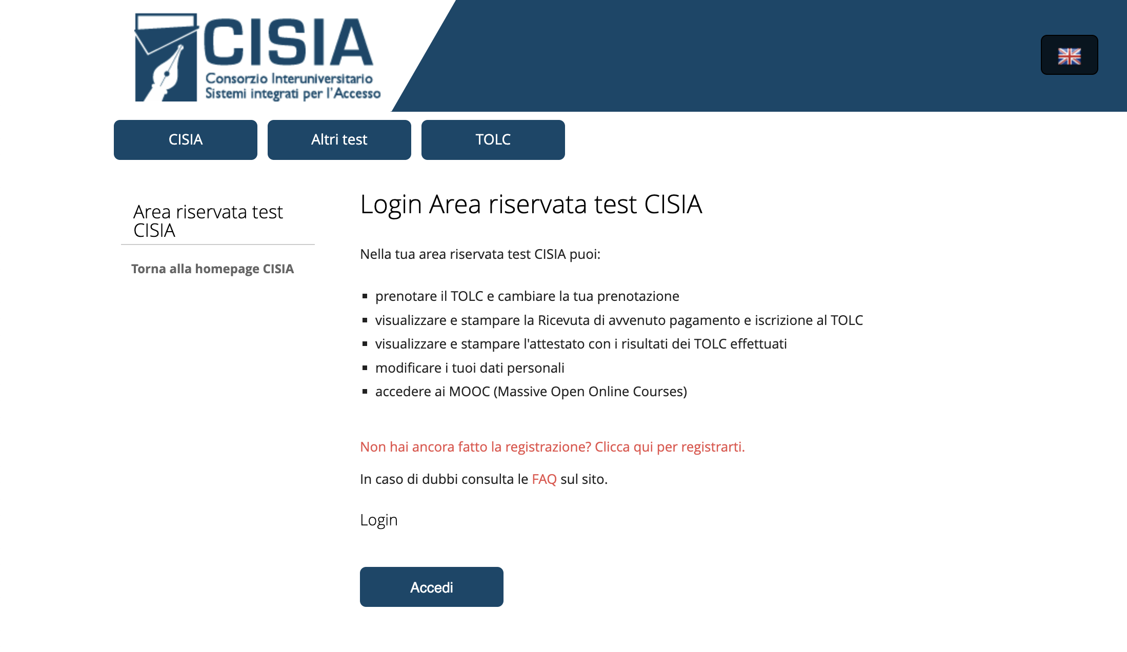 la pagina di login per Area riservata Test CISIA
