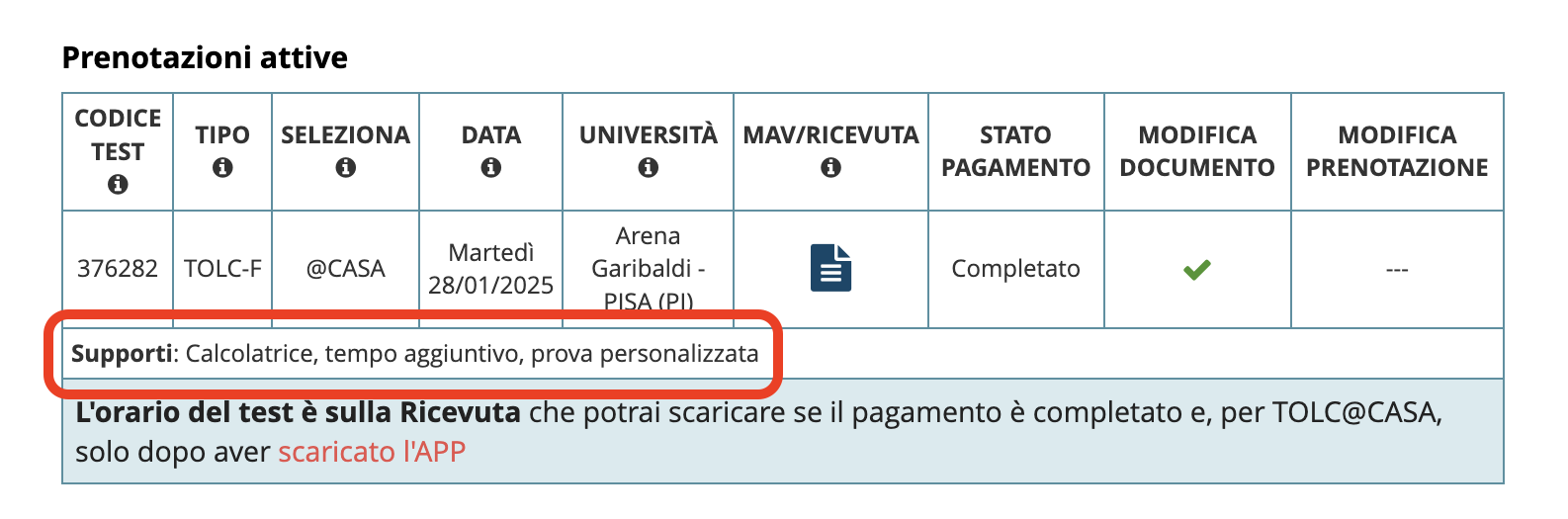 La tabella Prenotazioni attive